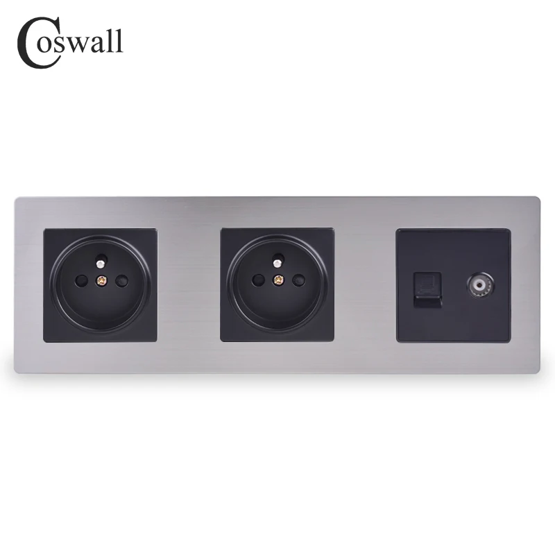 COSWALL панель из нержавеющей стали двойная французская стандартная настенная розетка+ женский ТВ-разъем с RJ45 CAT5E Интернет-порт серебристый черный