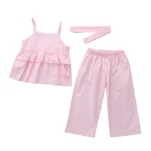 Детская одежда; сезон лето; стиль; INS; топ с цветочным принтом; рубашка с узкими лямками+ капри; свободные брюки; Детский костюм