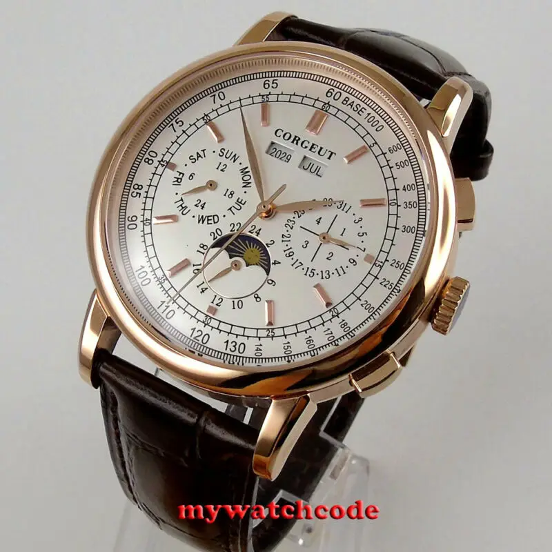 

42mm Corgeut White Dial Day Moon Phase Date Mechanical Automatic Mens Watch Rose Golden Plated Case Leather Strap 204
