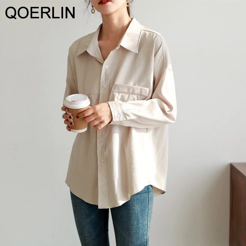 QOERLIN Formal Pocket Blouse Women Turn-Down Collar White Shirt Female Long Sleeve Button Up Shirt Apricot Tops Office Ladies