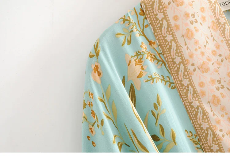 Speed Turquoise Positioning Printed Kimono Vacation Style Seaside Lace-up Sun-resistant Long Coat