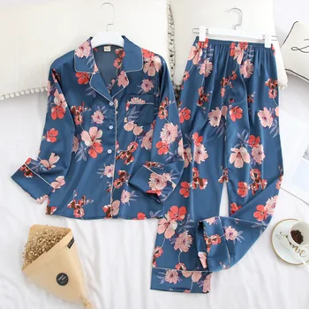 

Blue Flower Print Pajamas Set Women Long Sleeve Pijama 2 PCS Shirt&Pant Female 2PCS Sleepwear Nightwear Causal Home Wear
