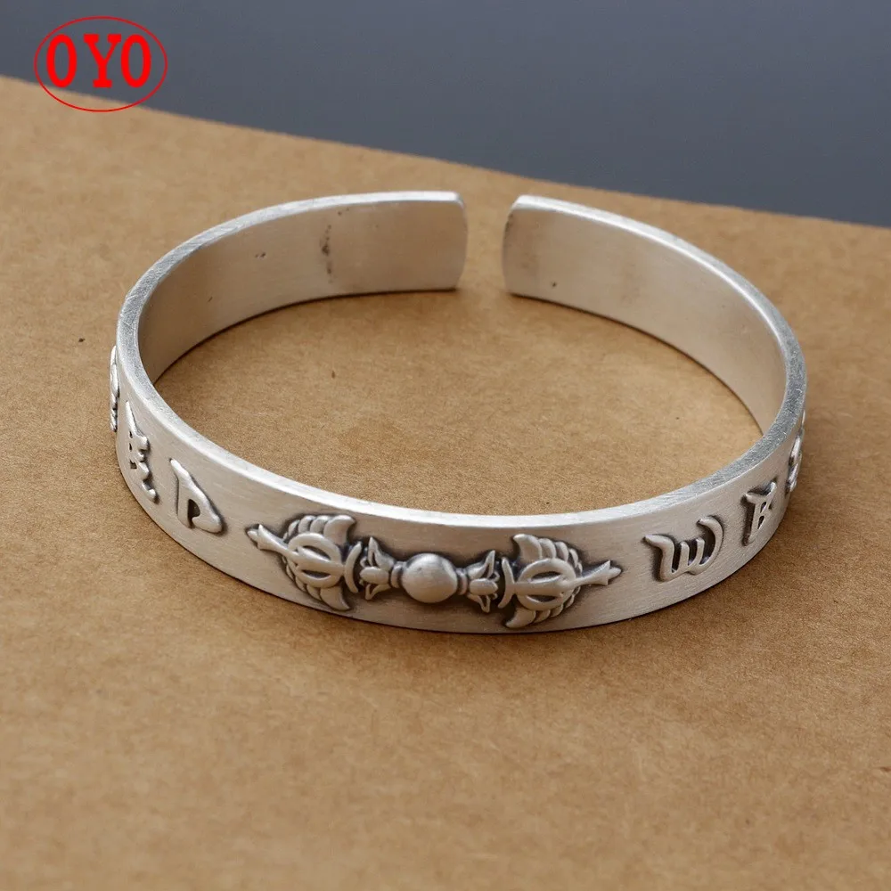 

New product pure silver 999 six-character mantra open bracelet for men and women retro matte vajra sterling silver bracele