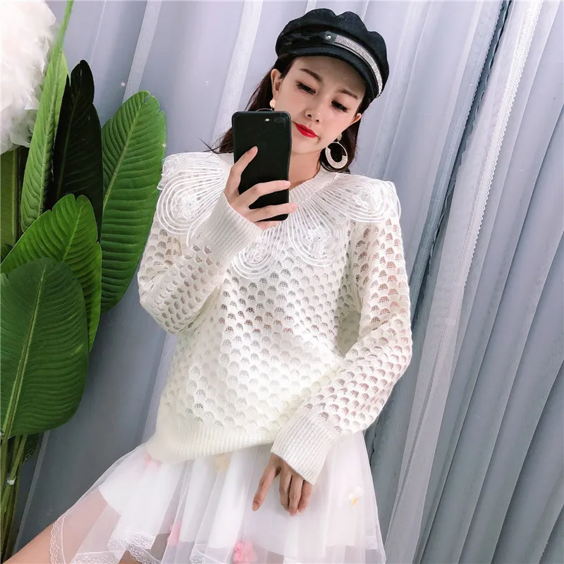 WHITNEY WANG Осень Зима Мода 3D Цветы Питер Пэн воротник свитер женский джемпер sueter mujer invierno