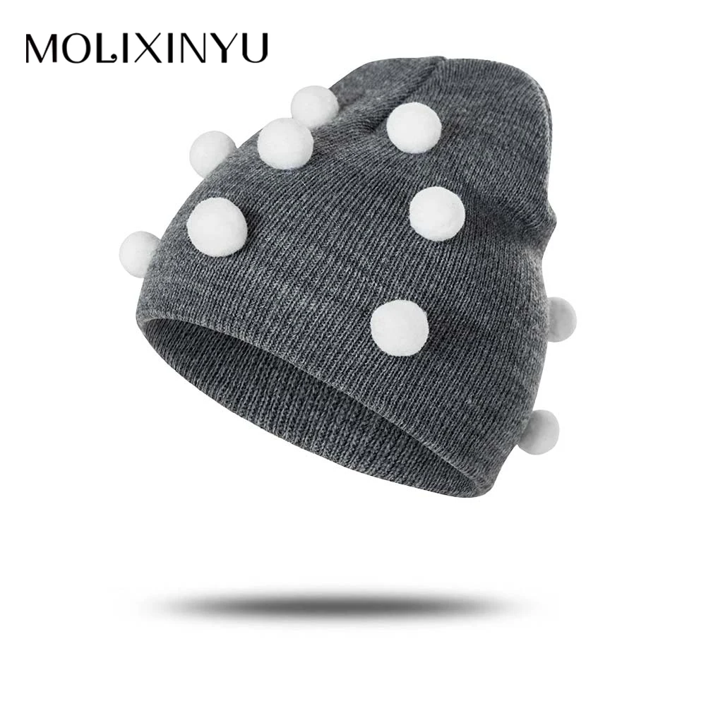 MOLIXINYU/зимняя шапка для маленьких девочек; теплые милые детские шапочки с помпоном; однотонная Вязаная хлопковая шапка для малыша; уличная мягкая детская шапка