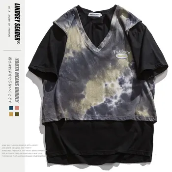 

Lindsey Seader Mens Fake Two Piece T Shirt Tie-dye Print Retro 2020 New T-Shirt Streetwear Harajuku Street Tshirt Summer Tee Top