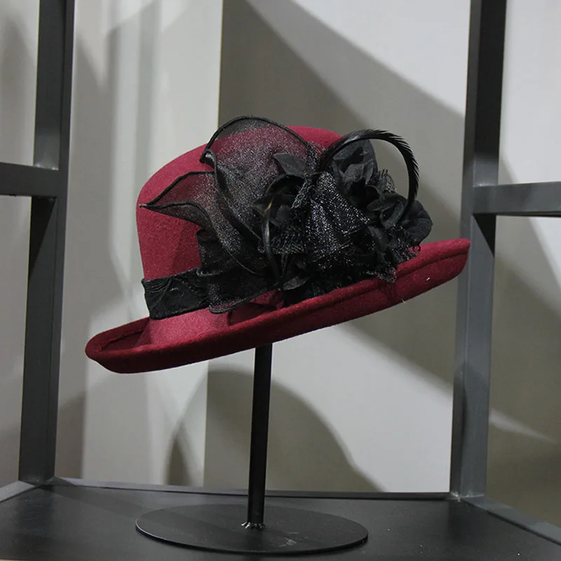 Цветок из пряжи с пером Fedoras элегантная женская фетровая шляпа модная шапка - Цвет: Dark Red