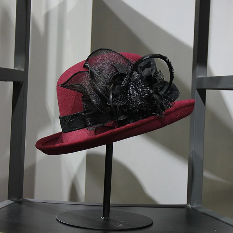 Dark Red Цветок из пряжи с пером Fedoras элегантная женская фетровая шляпа модная шапка - Цвет: Dark Red