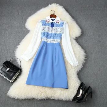 

Autumn Dress Runway Designers Woman Clothes Long Sleeve Beading Collar Hit Color Lace Patchwork Dresses Casual Vestidos