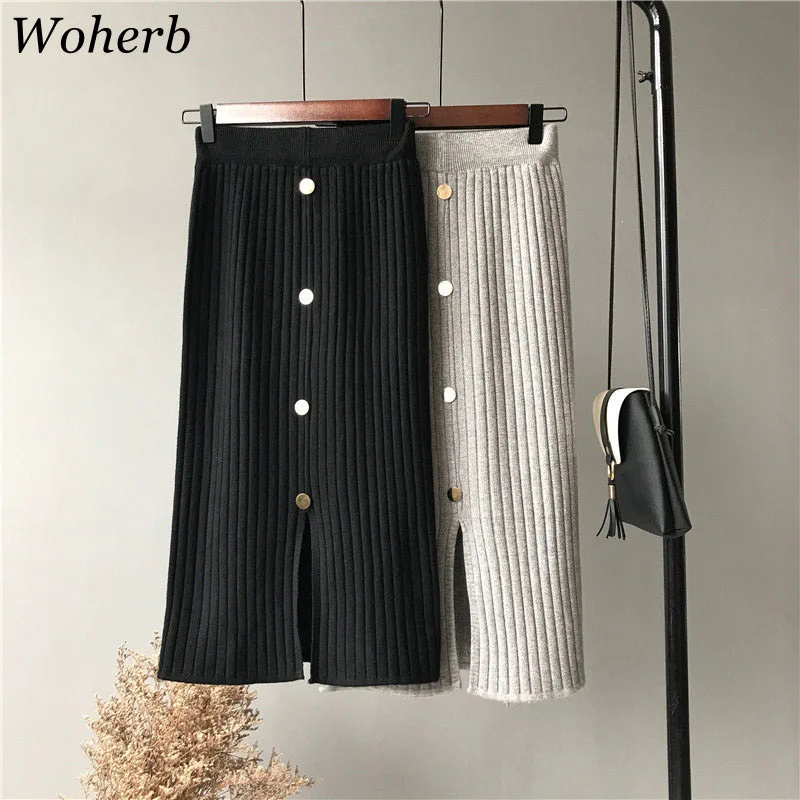 Woherb в Корейском стиле пикантные Разделение женские юбки в стиле casual зимние 2019 трикотажная Женская юбка-карандаш Высокая талия длинная юбка