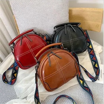 

Women's Handbag Shoulder Messenger Bag 2019 New Fashion Simple Tote Bags Pu Solid Color Zipper Sewing Thread Small Round Bag