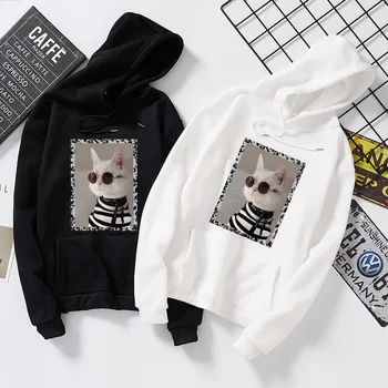 

3D Cat Print Sweatshirt Pullover White Black Autumn Spring Couple Hoodies Sweatshirts Women Coat Casual Pullovers Top M-3XL