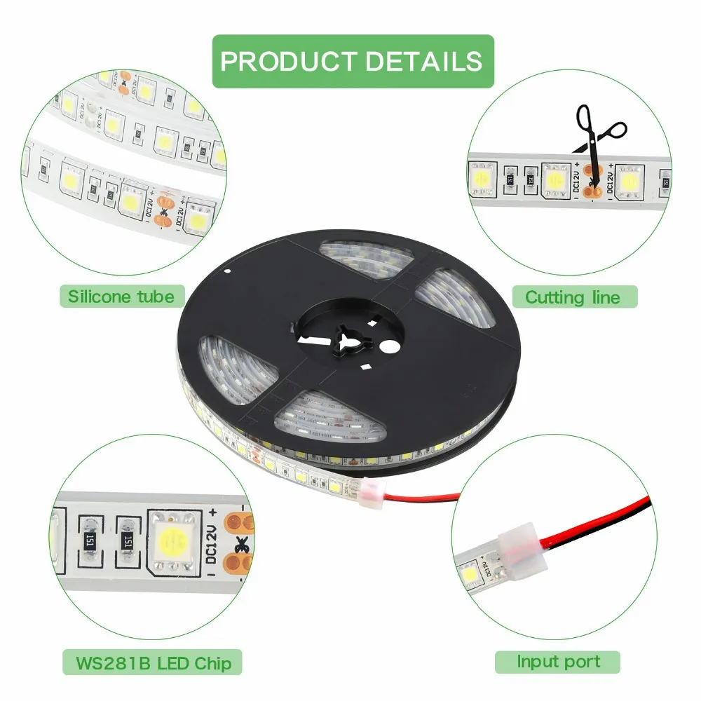 5M/lot DC12V SMD 5050 IP68 Waterproof Led Strip Light Flexible Roll Tape 60LEDs/m for Aquarium Underwater Swimming Pool kitchen outdoor Decoration