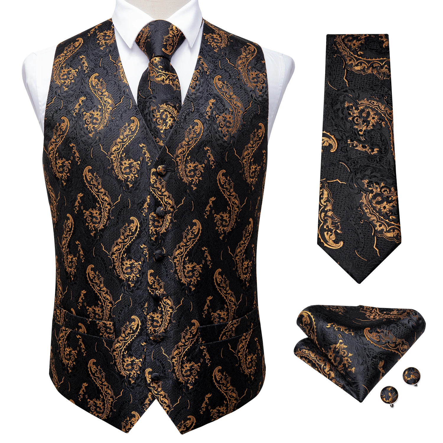DiBanGu-Chaleco de moda para hombre, chaleco con estampado de Cachemira de color dorado, de seda negra, sin mangas, Formal, de negocios, 2020