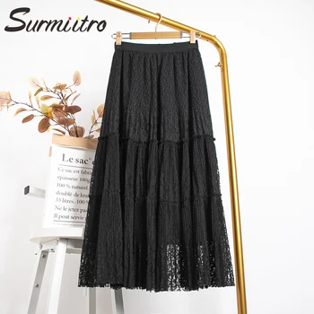 

Surmiitro Hollow Out Long Lace Skirt Women For 2020 Spring Summer Korean Ladies Black White Pleated Skirt Female With High Waist