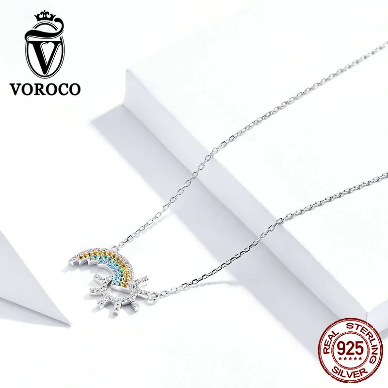 Voroco натуральный 925 пробы серебряный кулон ожерелье Красочный Прекрасный Радуга ожерелье сверкающий Циркон ювелирные изделия 45 см BKN366