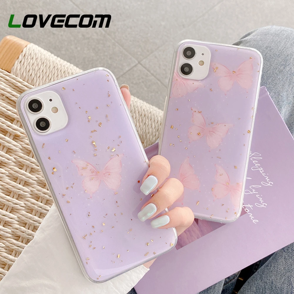 Lovecom Cute Purple Butterfly Phone Case For Iphone 12 11 Pro Max 12 Mini Xr X Xs Max 7 8 6 Plus Soft Epoxy Gold Foil Back Cover Phone Case Covers Aliexpress