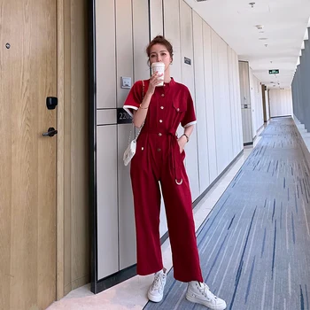 

Women Jumpsuits Summer Short Sleeve Single Breasted Sashe Straight Trouser Romper Overalls Office Lady One Piece Pants DF03
