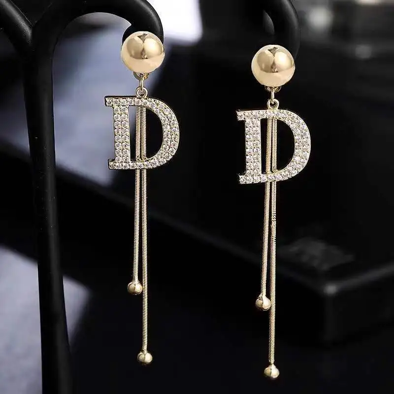 BLIJERY New Brand Long Chain Letter D Hanging Drop Earrings For Women Crystal Dangle Earring Wedding Party  Jewelry pendientes