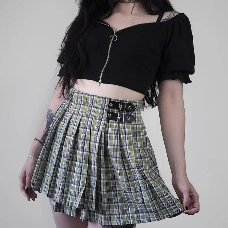 

Girls Plaid Skirt Female Punk Style Skirts Teen Girls Preppy Above Knees Bottoms Gothic Pleated Skirt Casual Clothes for Women