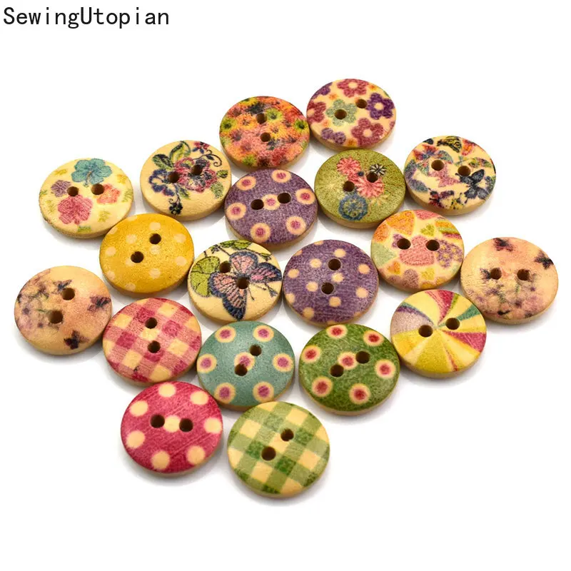 100PCs Mixed Round Flower Wooden Buttons Flatback Cabochon Scrapbooking Crafts Wood Knopf Bouton Decor Diy Accessories brand 50pcs 13mm coloful wooden buttons mixed color pattern decorative buttons 2 and 4 holes fit sewing scrapbooking craft diy