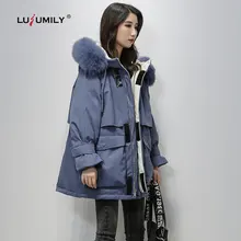 Lusumily, большой меховой капюшон, зимний женский пуховик, 90%, белый утиный пух, куртки, толстые парки, теплый пояс, завязывается, зимнее пальто для женщин