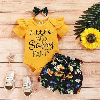 

Toddler Baby Girl Short Sleeve Letter Print Romper+Floral Shorts+Headband Set