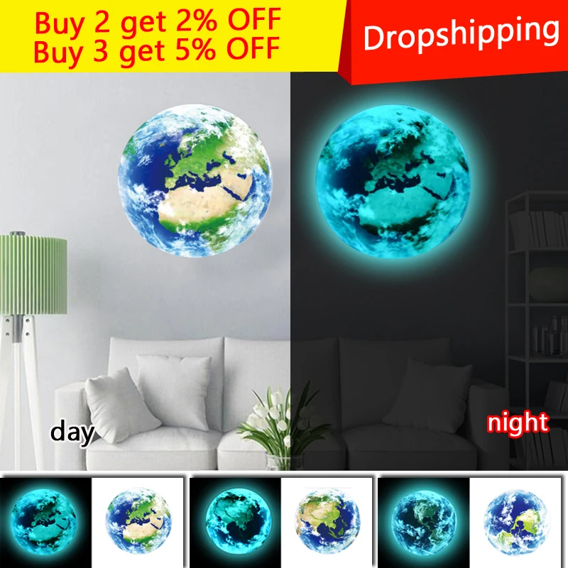 

New Fluorescent blue earth Moon Cartoon DIY 3d Wall Stickers for kids rooms decoration bedroom Home decor Living Room