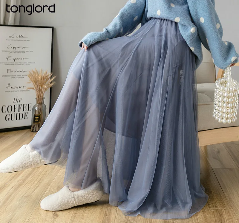

Tonglord Half-length Skirt Female Autumn 2020 New Style Mid-length Skirt High-waist Solid Color Sexy Pleated A-line Mesh Skirt