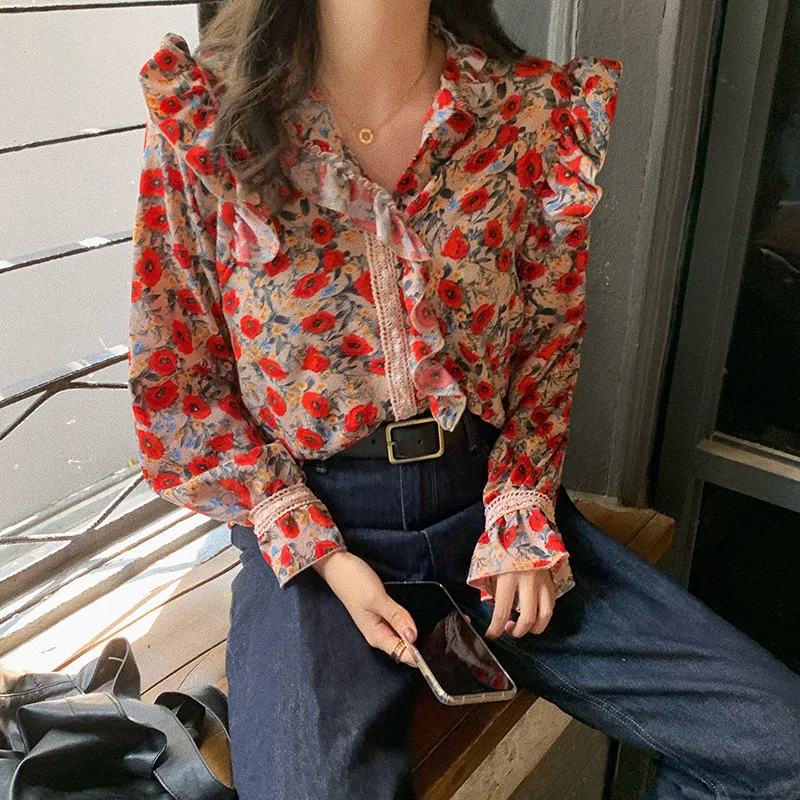  Photo Shoot 2019 Early Spring New Style Retro Floral Shirt Western Style Stand Collar Flounced Flor