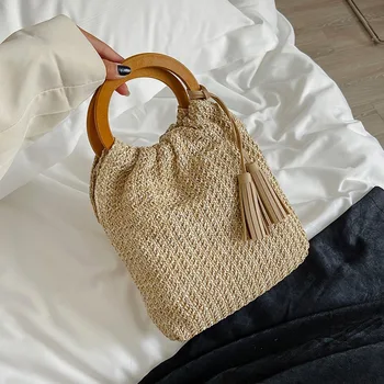 

Wooden Handle Shoulder Bags for Women New Fashion Tassel Female Handbags Casual Tote Bags Quality Straw Ladies' Travel Beach Bag