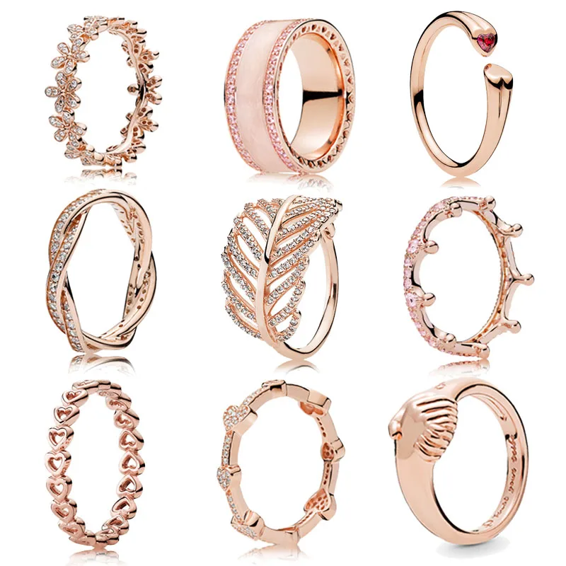 

Twisted Lines Polished Sparkling Feather Hearts Open Pans Rose Shine Ring 925 Sterling Silver Crown Ring For Women Jewelry