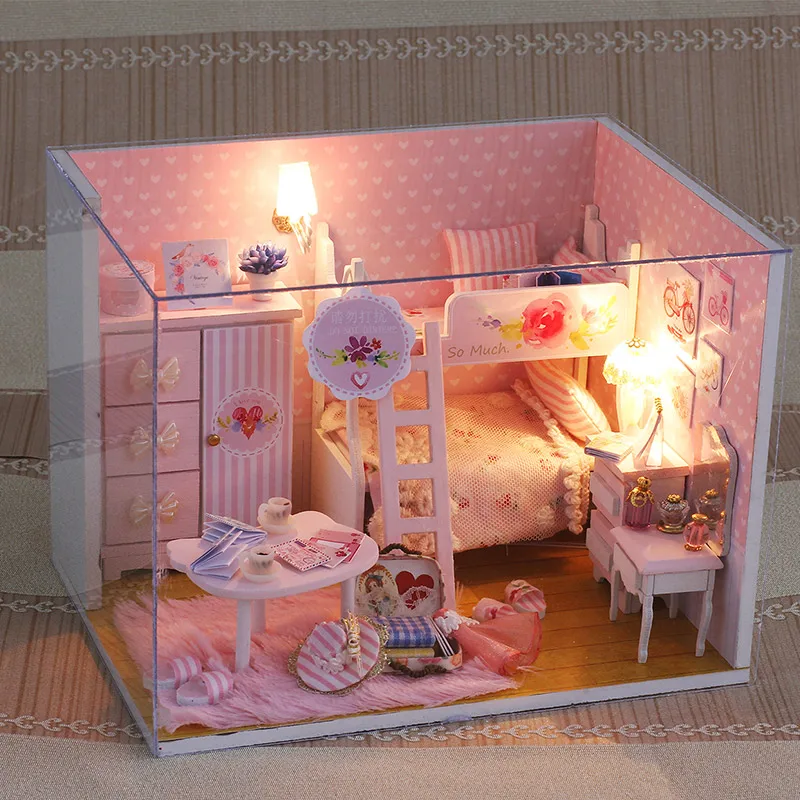 iiE CREATE Dollhouse Q0010 Pink Girl Miniatrue DIY Kit With Lights And Dust Cover