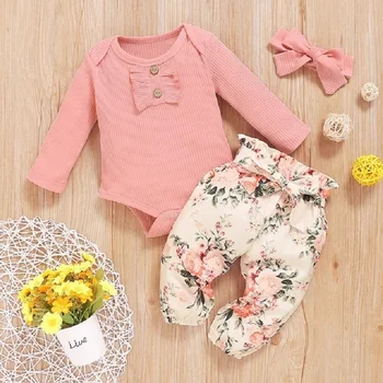 0-18M Baby Girls Clothes Set Toddler Knit Romper Spring Autumn Infant Newborn Cute Outfit Ruffle Long Sleeve Pants Headband 3Pcs