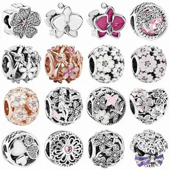 

Original Springtime Poetic Heart Apple Blossom Orchid Pink Daisy Flower Charm 925 Sterling Silver Beads Fit Bracelet DIY Jewelry