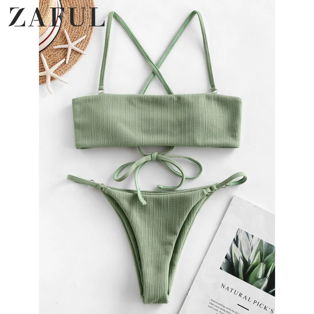 Женский купальный костюм ZAFUL ребристый текстурированный на шнуровке бикини