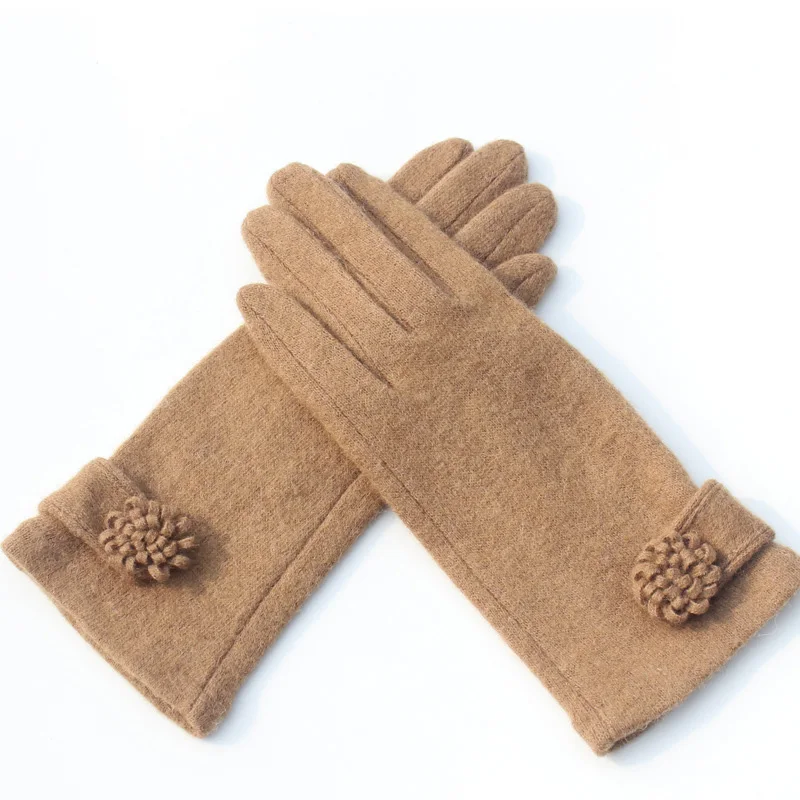 Модные элегантные женские шерстяные вязаные перчатки с вышивкой и сенсорным экраном зимние женские теплые кашемировые кожаные пе - Цвет: S62 Khaki