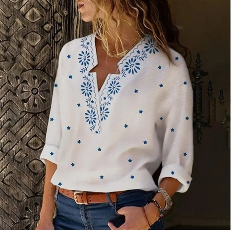 

Spring New Women Printed Casual V Neck 3/4 Sleeves Plus Size Blouse Loose Pullover Women Tops And Blouses Shirts S-5XL