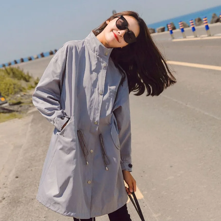 

Photo Shoot INS Normcore Style Greyish Blue Mid-length Drawstring Waist Hugging Casual Handsome Stand Collar Workwear Trench Coa