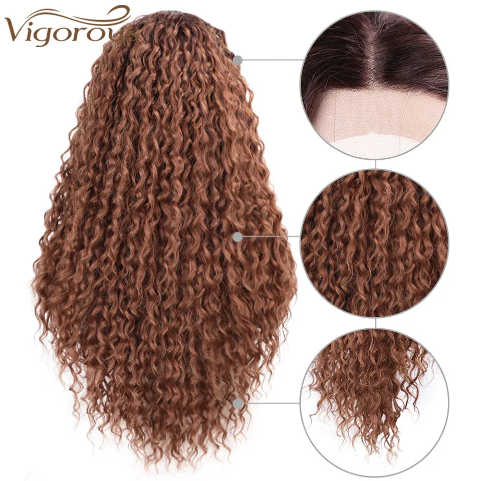 Vigorous13x4 синтетический парик на кружеве длинные вьющиеся Омбре коричневые парики для женщин черный парик с детскими волосами Термостойкое волокно