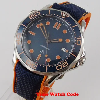 

BLIGER 41mm Automatic Men's Watch blue sterile dial date window orange luminous hands Rubber strap ceramic bezel sapphire glass