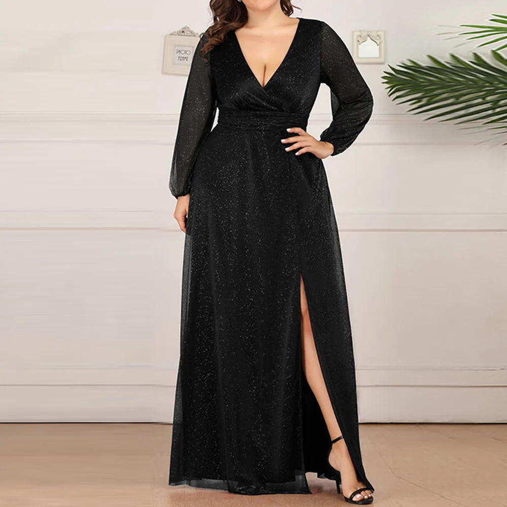 

Green Elegant Evening Dresses Floor-Length 2020 Autumn Women's Solid Sexy Split-Front V-Neck Ladies Formal Party Dress