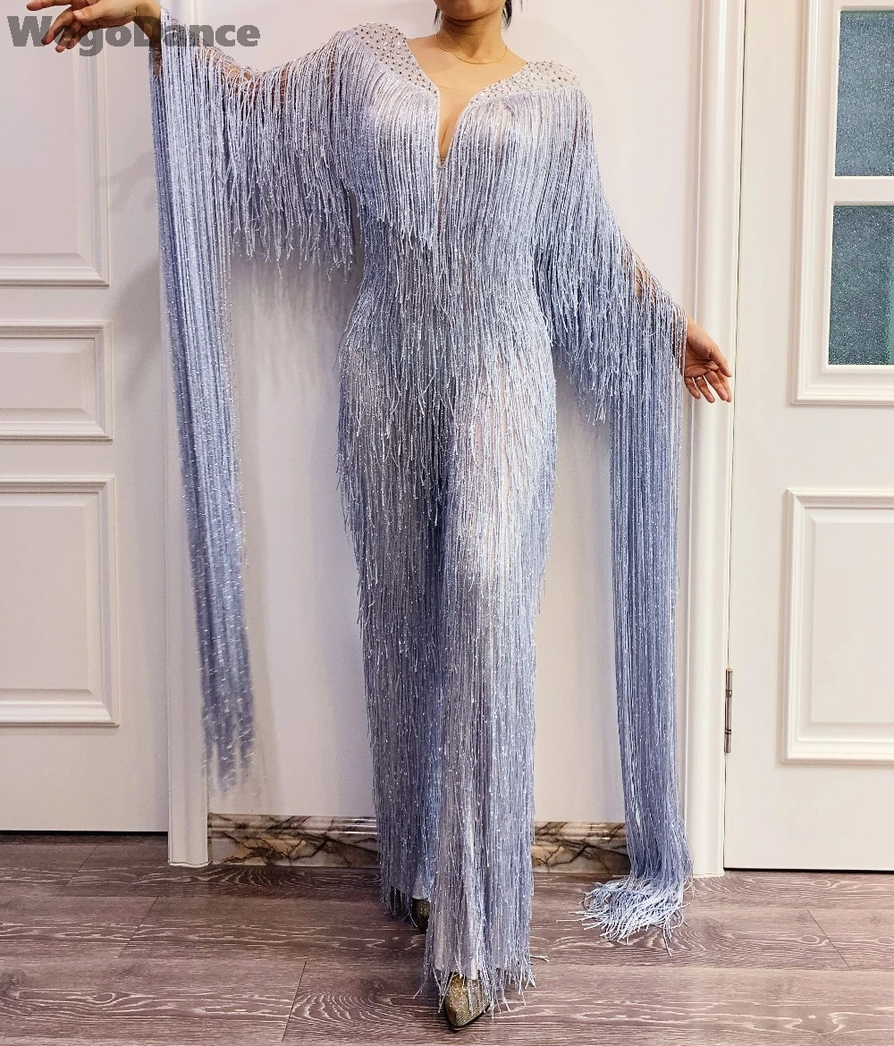New Women Silver Gray Fringe Rhinestones Jumpsuit Birthday Celebrate Tassel Bodysuit Stage Dance Leggings Singer Dancer Costume New Women Silver Gray Fringe Rhinestones Jumpsuit Birthday Celebrate Tassel Bodysuit Stage Dance Leggings Singer Dancer Costume