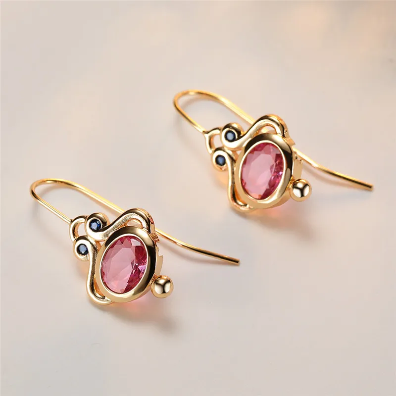 Antique Red Oval Stone Drop Earrings Vintage Fashion Yellow Gold Color Dangle Earrings For Women Charm Crystal Wedding Earrings