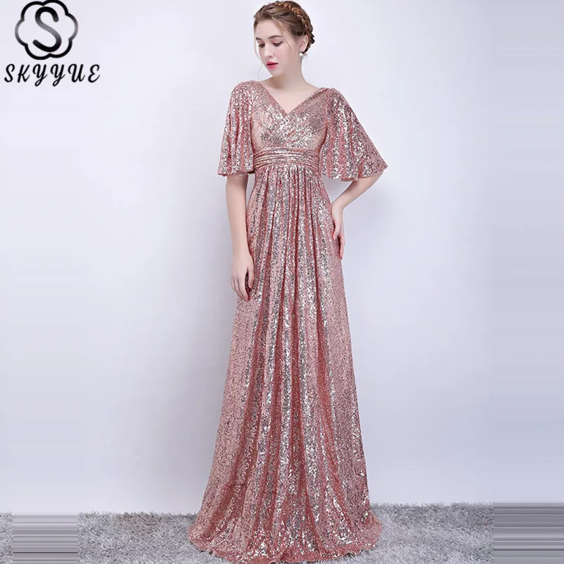 

Skyyue Evening Gown V-Neck Half Sleeve A-Line Robe De Soiree Sequined Floor-Length Plus Size Evening Dress LX1093
