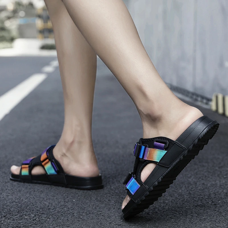 Roman letters comfortable denim summer new sandals men's platform flat elastic band men's daily casual shoes