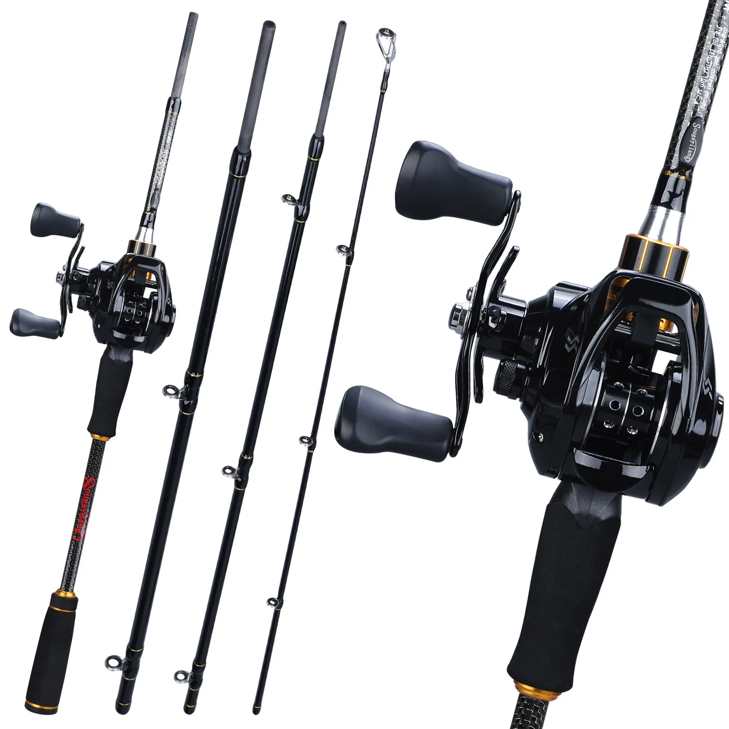 Sougayilang Casting Fishing Rod Reel Combo 1.8M-2.4M 4Sections Carbon Fiber Fishing Rod with 12+1BB 7.1:1 Baitcasting Reel Pesca