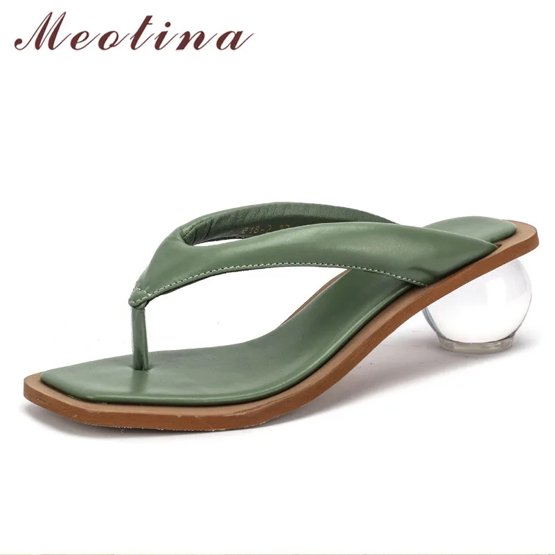 

Meotina Flip Flops Real Leather Mid Heel Slippers Women Slides Square Toe Strange Style Lady Sandals Summer Fashion Shoes Blue