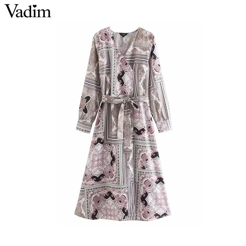 

Vadim women fashion print midi dress V neck bow tie sashes long sleeve A line female mid calf dresses vestidos mujer QD169