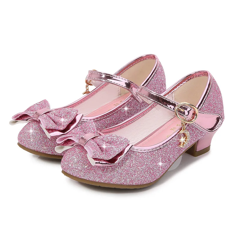 Girls Princess Shoes Butterfly Knot High-Heel Shiny Crystal Shoes Kids Leather Children's Single Birthday Present